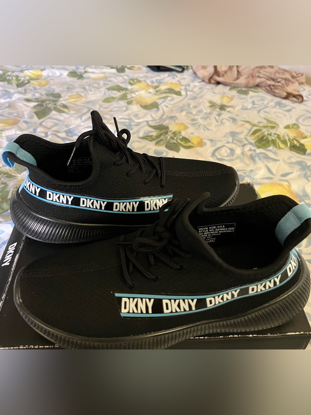 DKNY Black Knit Slip-On Sneakers with Teal Logo Stripe